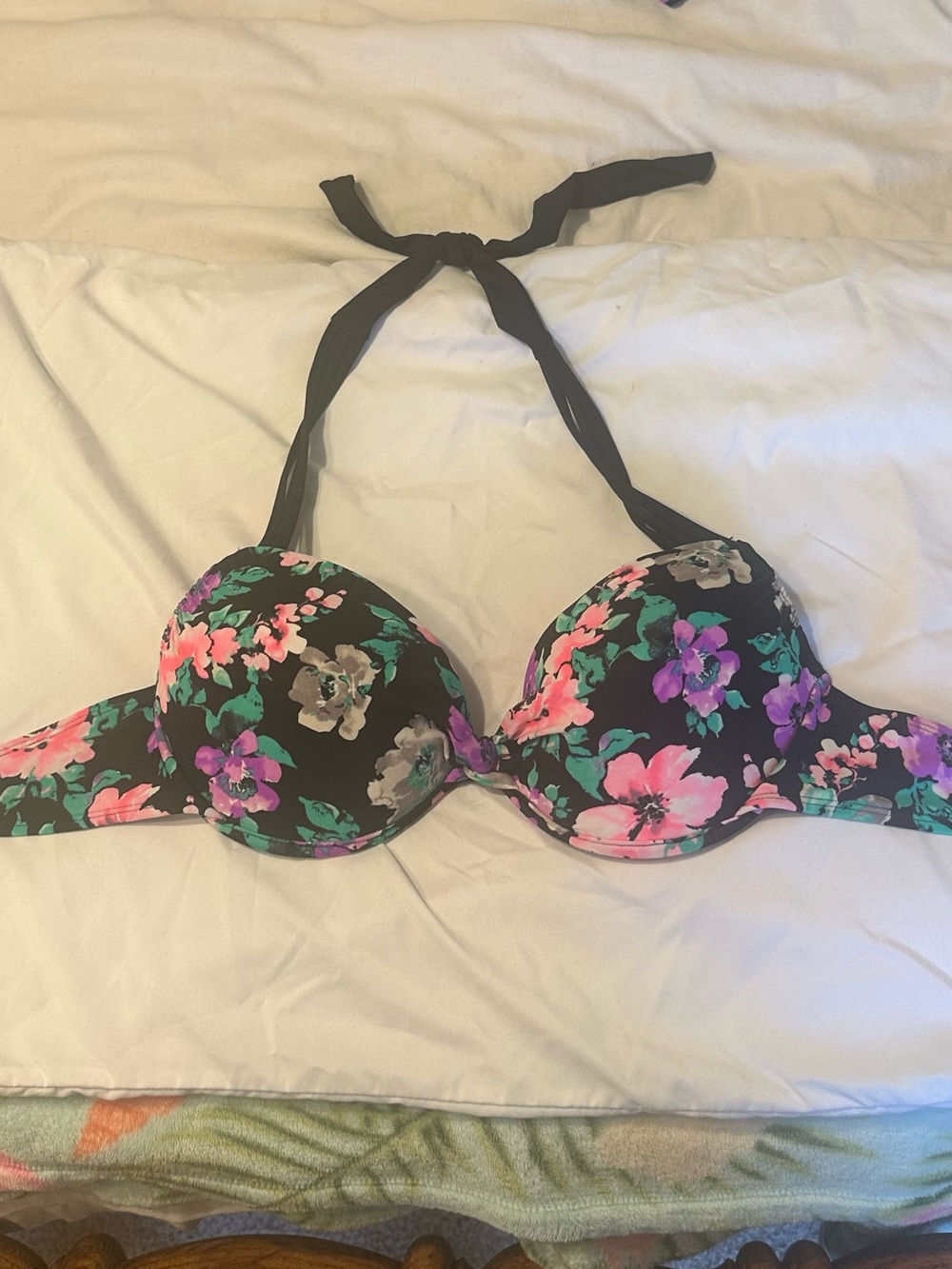 California Waves Floral Bikini Top XL Black Pink Purple Halter Swim Top